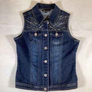 Baccini Studded Denim Womens Top Button Down Size Small Pockets Sleeveless